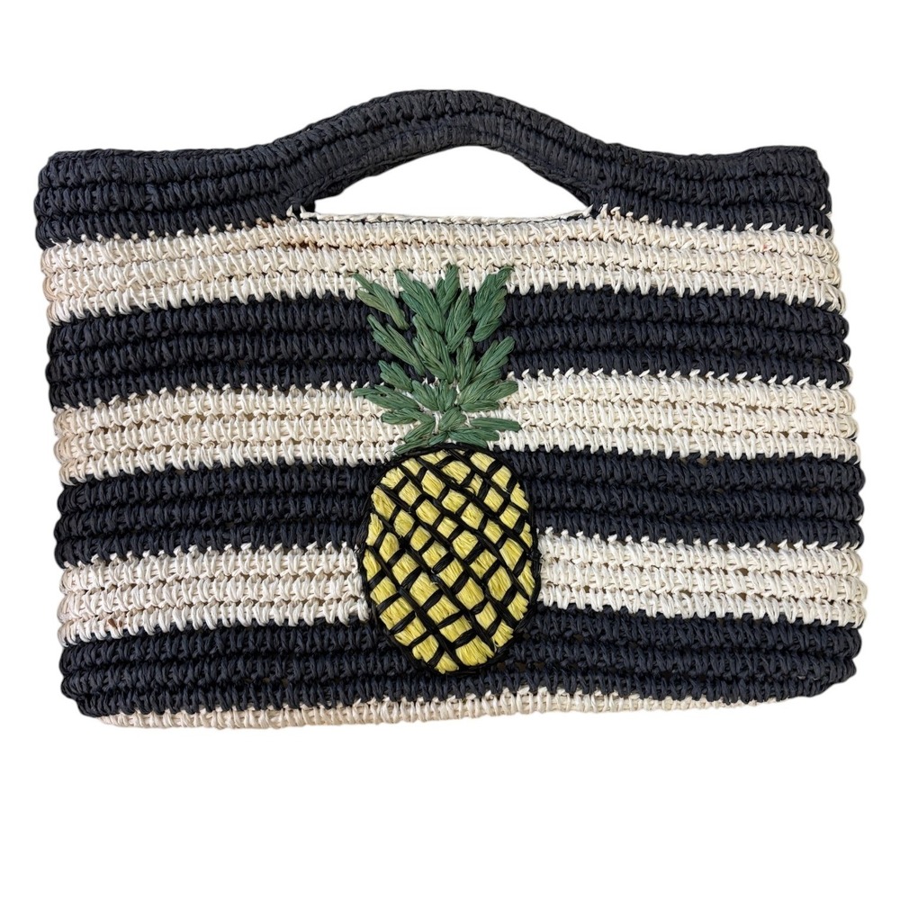Talbots Woven Straw Pineapple Stripe Clutch Bag Navy Cream Summer Beach Handbag